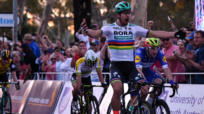 Peter Sagan celebrates his win of the People's Choice Classic at the Tour Down Under. Picture: AAP / David Mariuz