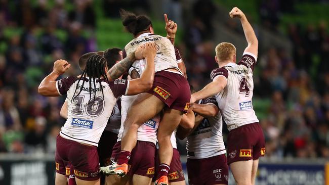 Sea Eagles players celebrate their win over the Storm at AAMI Park. Picture: Getty Images