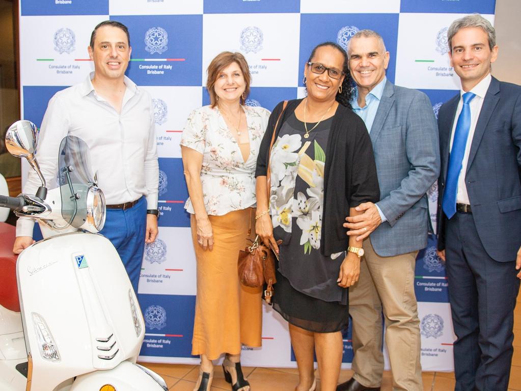 Robert Cavallucci, Luciana Masci, Grace Sarra, Chris Sarra and Consul Salvatore Napolitano at the launch of the Tour of Italy Through Queensland program at the Brisbane Abruzzo Club. Socials: Damien Anthony Rossi | Picture: Consulate of Italy