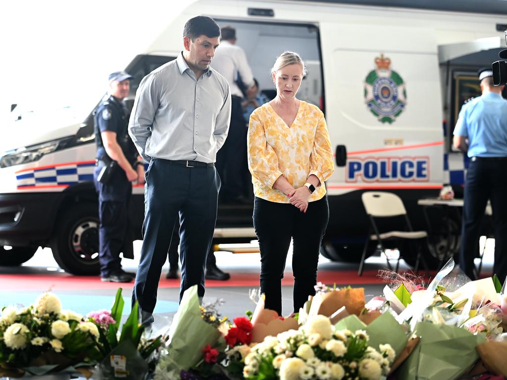 Attorney-General Yvette D’Ath inspects floral tributes at the scene of the stabbing with Lance McCallum. Picture: John Gass/NCA NewsWire