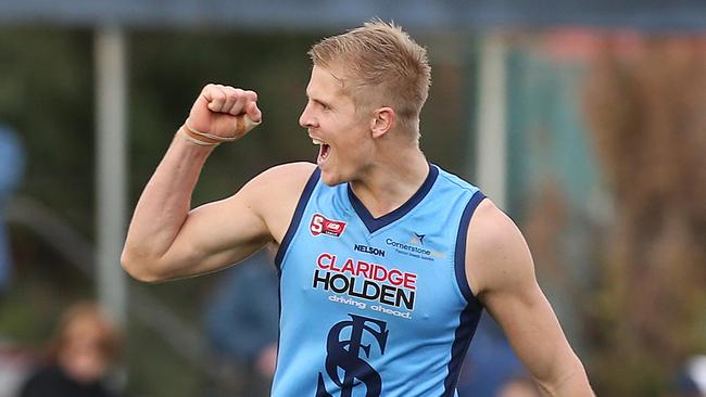 Kory Beard (Sturt) celebrates after he kicked a goal during the third quarter. Glenelg v Sturt, SANFL Football, at Glenelg Oval. 19/06/16  Picture: Stephen Laffer