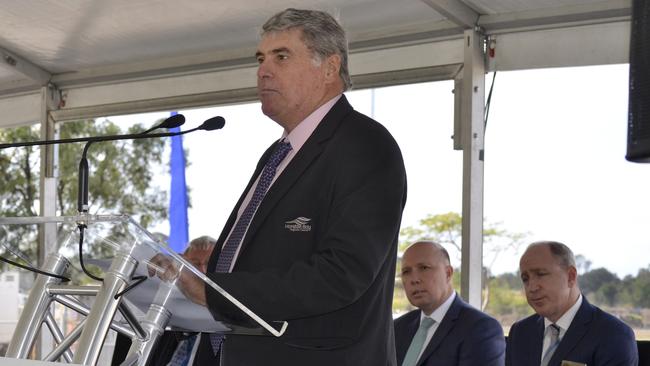 Mayor Allan Sutherland at the USC Moreton Bay Commencement Ceremony on the site of the foundation building on July 4, 2018, with LNP MPs Peter Dutton and Luke Howarth in the background. Picture: David Alexander