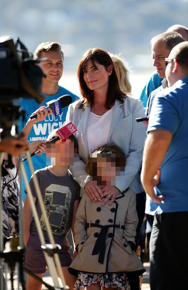 Ms Wicks (centre) is pictured with husband Chris (second from right), their two kids and staffer Taylor Martin (left) Picture: Sue Graham