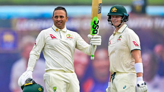 Australia's Usman Khawaja, left, and captain Steve Smith were among Australia’s senior core to answer the challenge in Sri Lanka. Picture: Ishara S. Kodikara/AFP