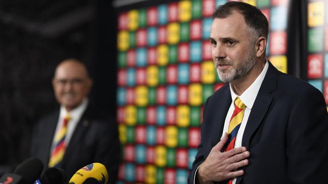 Crows Chairman John Olsen and incoming Chief Executive Officer Tim Silvers at the West Lakes headquarters the club wants to flee. Picture: Naomi Jellicoe