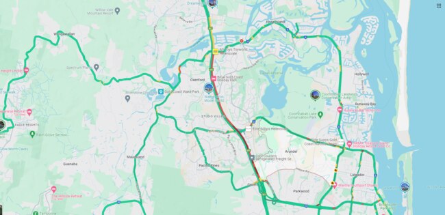 About ten kilometres of delays stretch from Coomera to the Smith Street Motorway off ramp. Picture Google.