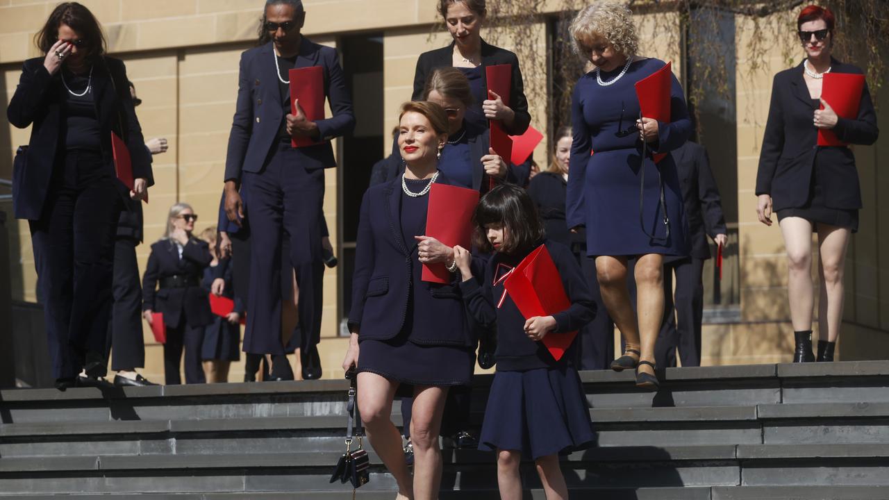 Kirsha Kaechele leads supporters into court. Mona ladies lounge appeal verdict at the Supreme Court of Tasmania in Hobart. Picture: Nikki Davis-Jones