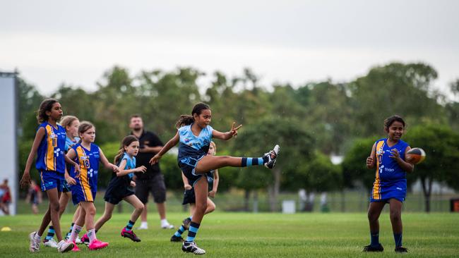 Under-10s compete in the first Darwin Buffaloes NTFL home game against Wanderers at Woodroffe Oval. Picture: Pema Tamang Pakhrin