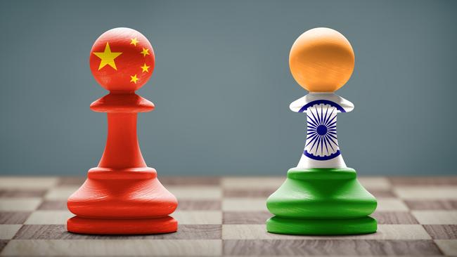 China and India conflict. Country flags on chess pawns on a chess board. 3D illustration. Investment generic