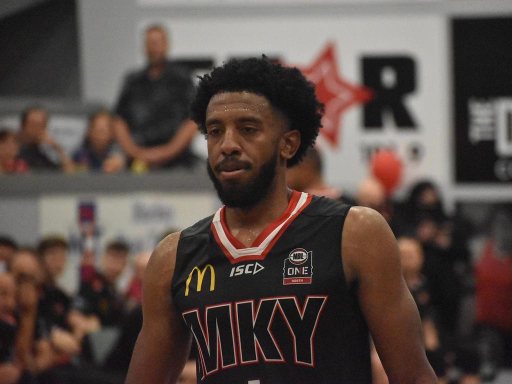 Jerron Jamerson for the Mackay Meteors in the NBL1 North grand final game one against Cairns Marlins, 10 September 2021. Picture: Matthew Forrest