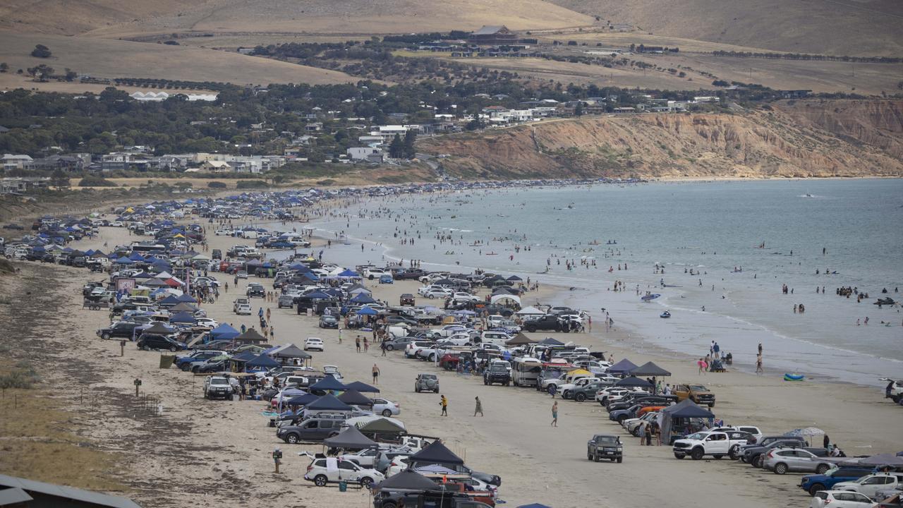 Cars packed the beach at Aldinga on Australia Day. Picture: Brett Hartwig