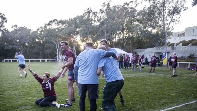 Mr Albanese celebrates his try while Ms Wells appeals to the referee. Picture: NCA NewsWire / Gary Ramage