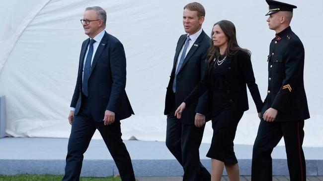 Anthony Albanese, Chris Hipkins and Iceland's Prime Minister Katrin Jakobsdottir walk ahead of the social dinner during the NATO summit. Picture: AFP.