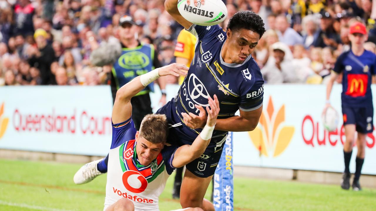 Murray Tualagi barged over Reece Walsh to score for the Cowboys. Picture: NRL Photos