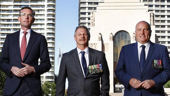 NSW Premier Dominic Perrottet, Afghanistan veteran James Grey and Veterans Minister David Elliott are encouraging Australians to show up in force. Picture: Richard Dobson