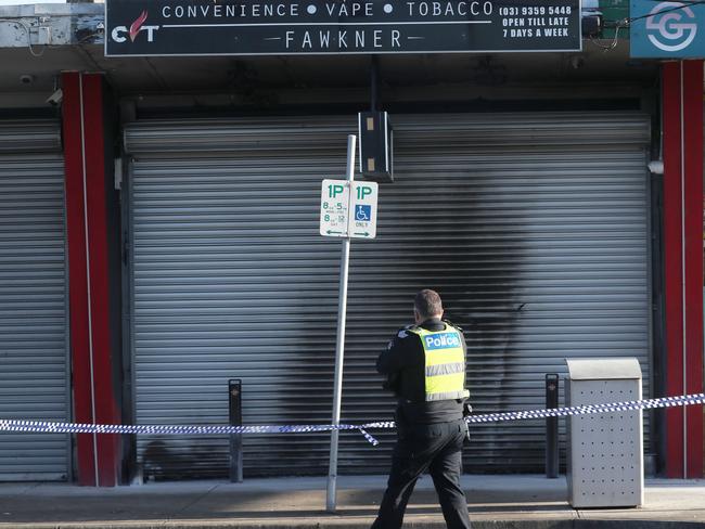 Police at the scene of a tobacco shop fire bombing in Fawkner. Thursday, October 24. 2024. Picture: David Crosling