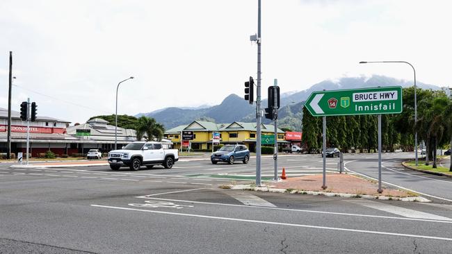 The intersection of the Bruce Highway and Mill Road in Edmonton, where a car collided with a pedestrian at approximately 1:40am on Saturday morning. The pedestrian, a woman in her 20s, died from her injuries. The driver of the car was unhurt. Picture: Brendan Radke