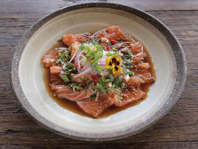 Salmon carpaccio at Mad Asian Kitchen and Bar. Pic Mark Cranitch.