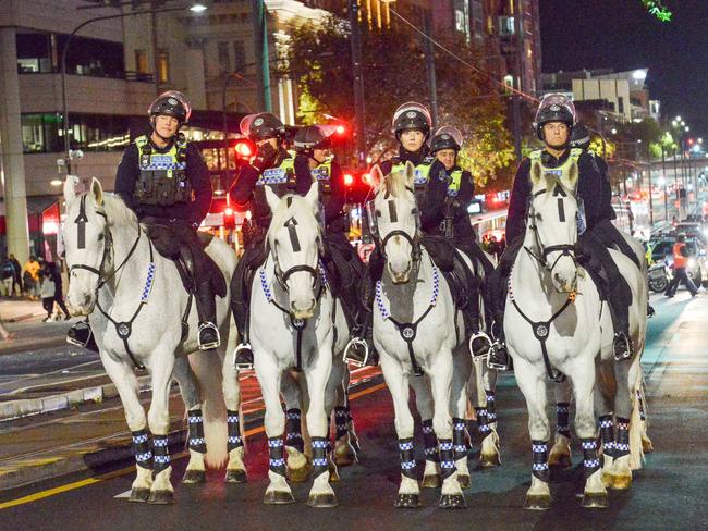 MAY 26, 2023: Police horses watch the protest rally walk along King William St protesting against anti protesting laws. Picture: Brenton Edwards