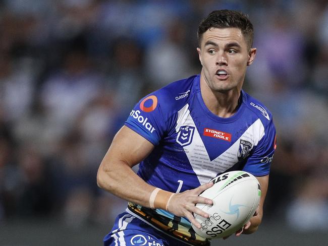 SYDNEY, AUSTRALIA - APRIL 24: Kyle Flanagan of the Bulldogs runs the ball during the round seven NRL match between the Cronulla Sharks and the Canterbury Bulldogs at Netstrata Jubilee Stadium, on April 24, 2021 in Sydney, Australia. (Photo by Jason McCawley/Getty Images)