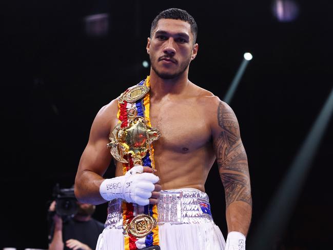 RIYADH, SAUDI ARABIA – DECEMBER 23: Jai Opetaia celebrates victory with the belt following the Cruiserweight fight between Jai Opetaia and Ellis Zoro during the Day of Reckoning: Fight Night at Kingdom Arena on December 23, 2023 in Riyadh, Saudi Arabia. (Photo by Richard Pelham/Getty Images)