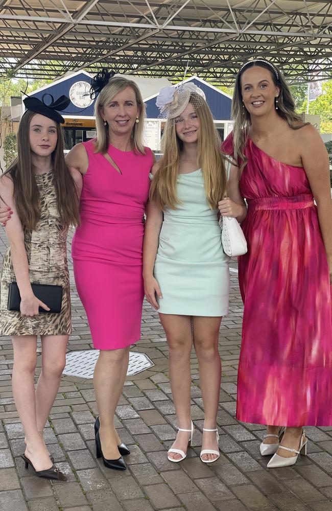 Nicola Ralph, Jennifer Ralph, Sienna Ralph and Sarah Pottinger ath the Magic Millions race day at the Sunshine Coast Turf Club after the last minute venue change. Photo: Andrew Hedgman