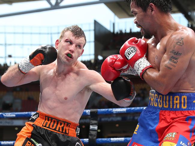 Jeff Horn and Manny Pacquiao fight at Suncorp Stadium, Brisbane in 2017 in the bout that made Horn famous. Picture: Peter Wallis