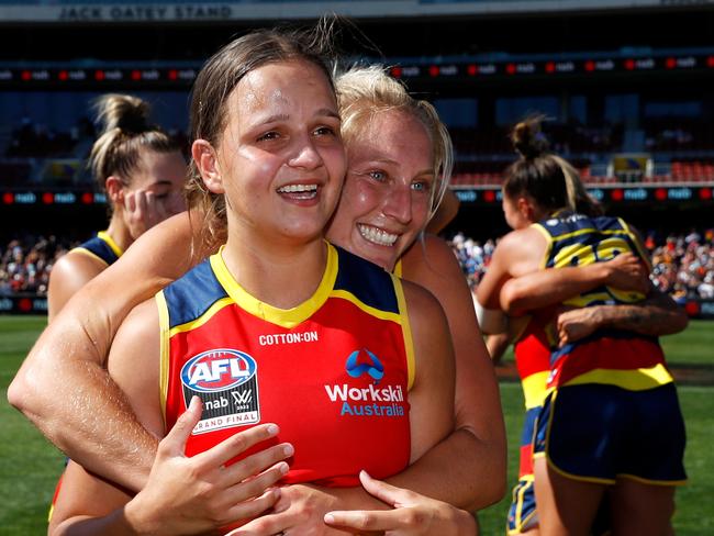 St Mary’s product Danielle Ponter celebrates her second AFLW premiership. Picture: Dylan Burns/AFL Photos via Getty Images.