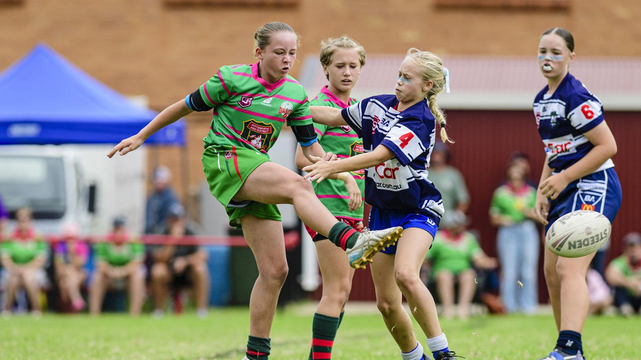 Brothers-Newtown players Hannah Kentish (right) puts pressure on Pittsworth’s Heidi Sanders during a Walker Weekend Challenge match earlier this year. Kentish is one of Newtown Lions rising stars. Picture: Kevin Farmer