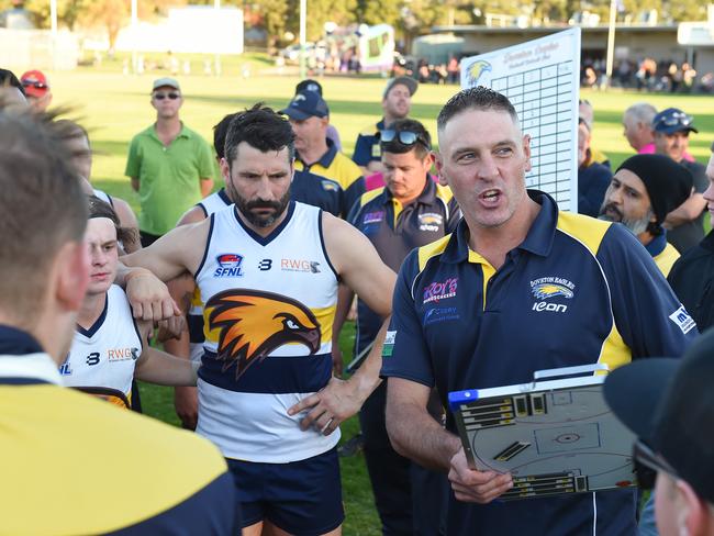 Clint Wilson at the Doveton Eagles huddle in 2019.