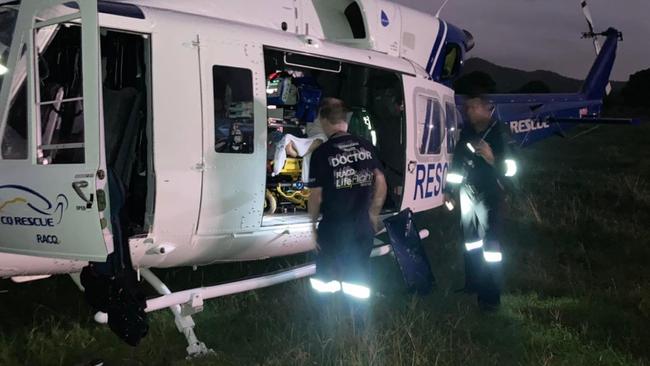 The teen was loaded into the still moving chopper and moved to a nearby oval to be stabilised before being taken to hospital. Picture: RACQ CQ Rescue