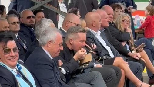 Screen grabs of a video showing Chris Bowen MP eating a bowl of pasta during mass at Club Marconi in Sydney. Picture: Supplied