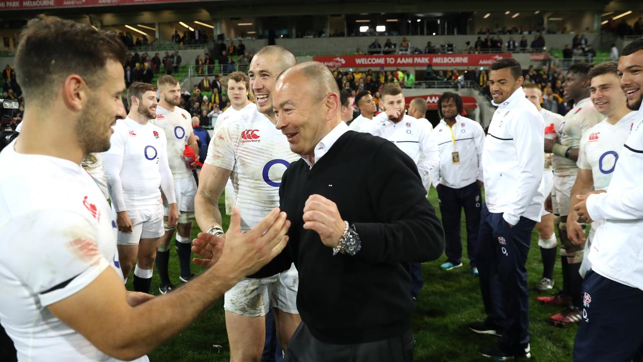 Eddie Jones celebrates after the Test between the Wallabies and England in 2016.