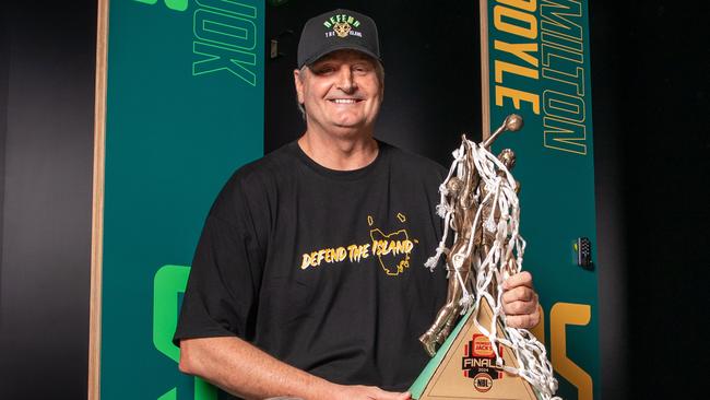 Tasmania JackJumpers coach Scott Roth with the NBL trophy following the team’s fan appreciation day. Picture: Linda Higginson / Tasmania JackJumpers