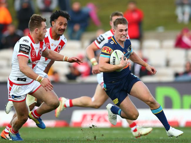 AJ Brimson en route to 202m against the Dragons on Saturday. Picture: Matt Blyth/Getty Images