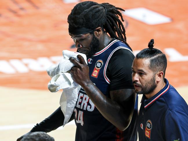 Montrezl Harrell of the 36ers leaves the court with a cut above the eye. (Photo by Mark Brake/Getty Images)