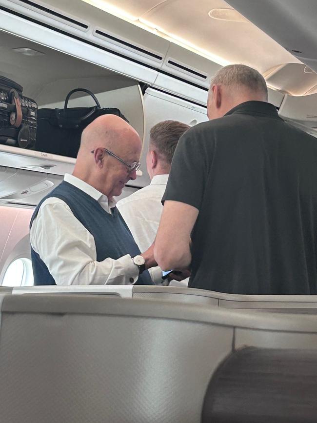 Kim Williams getting ready to take his seat in business class on-board a Qantas flight to NY on May 16. Picture: Supplied