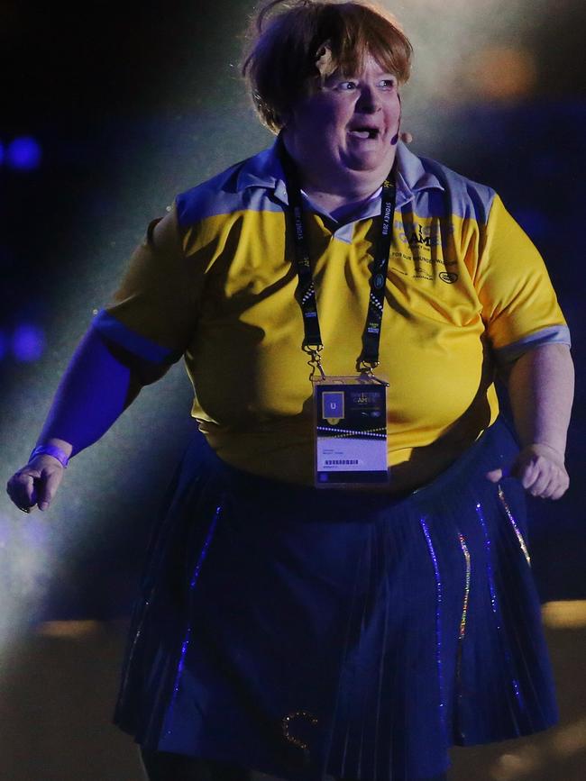 Magda Szubanski aka Sharon Strzelecki from Kath and Kim makes an appearance at the opening ceremony. Picture: Toby Zerna