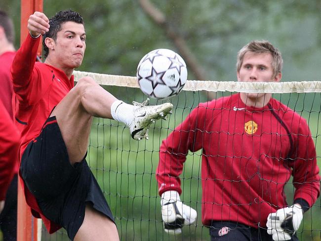 Cristiano Ronaldo at Manchester United’s Carrington training ground in 2007. Ronaldo was at United when Adam Thurston was in the Red Devils’ youth system. Picture: AP