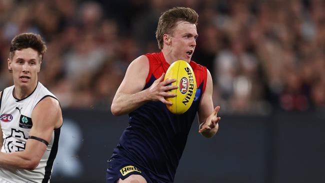 MELBOURNE, AUSTRALIA - August 18, 2023. AFL .   James Jordon of the Demons during the semi final match between Melbourne and Carlton at the MCG in Melbourne, Australia.  Photo by Michael Klein.