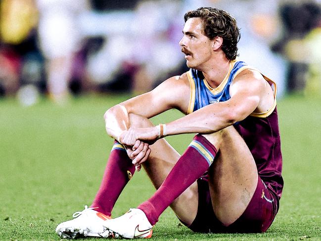 BRISBANE, AUSTRALIA - SEPTEMBER 04: Joe Daniher of the Lions looks dejected after his team's defeat during the AFL 1st Semi Final match between the Brisbane Lions and the Western Bulldogs at The Gabba on September 04, 2021 in Brisbane, Australia. (Photo by Albert Perez/AFL Photos via Getty Images)