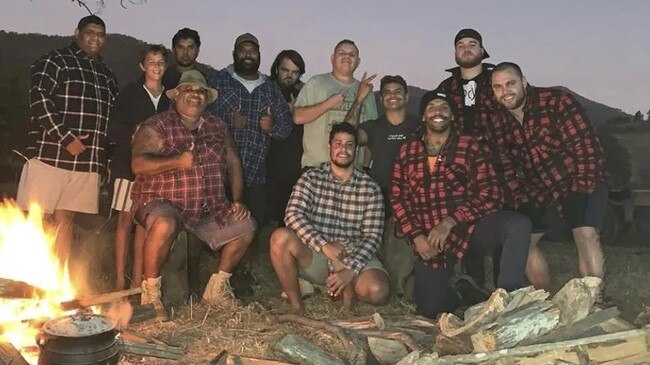 The image of Josh Addo-Carr (third from right) and Latrell Mitchell (fourth from right) during a camping trip on the NSW midnorth coast. Picture: Instagram