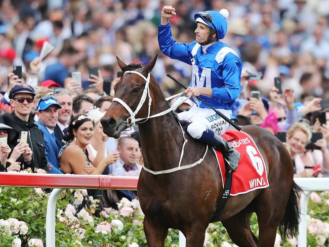 MELBOURNE, AUSTRALIA - OCTOBER 27:  Jockey Hugh Bowman riding Winx wins race 9 the Ladbrokes Cox Plate during the 2018 Cox Plate Day at Moonee Valley Racecourse on October 27, 2018 in Melbourne, Australia.  (Photo by Michael Dodge/Getty Images)