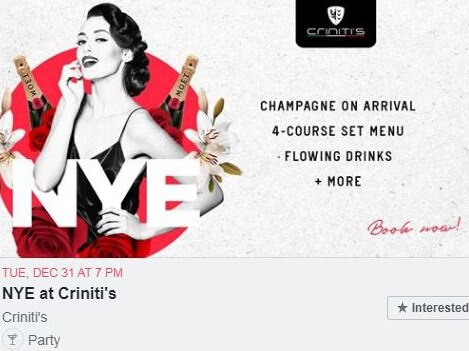 A screen grab of the Criniti's Facebook page urging people to book their New Year's Eve parties at one of their restaurants. Picture: Facebook