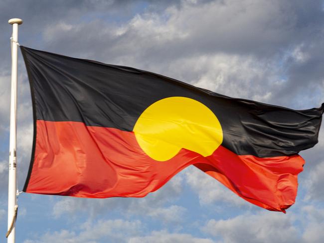 Aboriginal flag flying high above community centre in suburban neighbourhood.