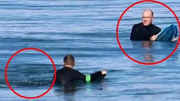 The photo shows a ripple in the water (left) moments before Tony Begg (right) was attacked by a shark. Picture: Nine