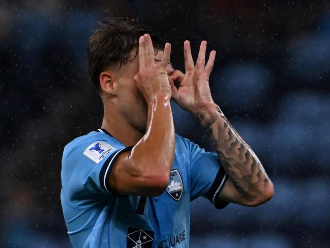 Sydney FC's Adrian Segecic celebrates after scoring the second goal in Sydney FC’s 2-2 draw with Bangkok United. Picture: Saeed Khan / AFP