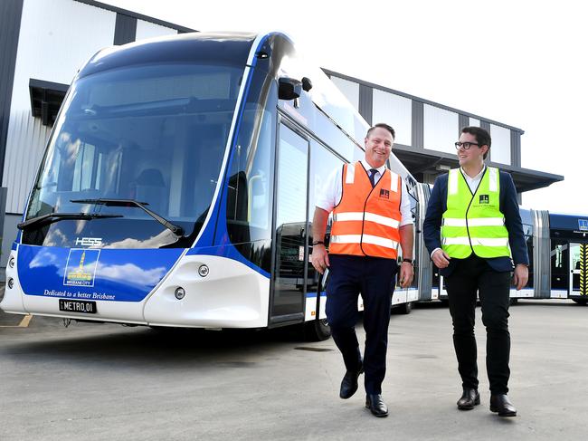 Lord Mayor Adrian Schrinner (left) and transport chair Ryan Murphy with the first Brisbane Metro pilot vehicle. Picture: John Gass