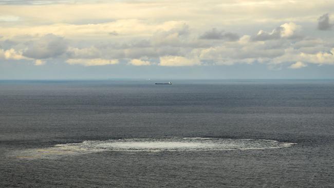 This handout picture released on September 30, 2022 by the Danish Defence Command and taken on September 29 shows one of four gas leaks at one of the damaged Nord Stream gas pipelines in the Baltic Sea.