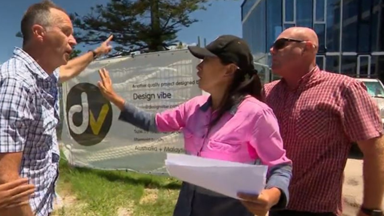 Gary Hopkinson confronts developers Mae and Scott Koning. Picture: ACA